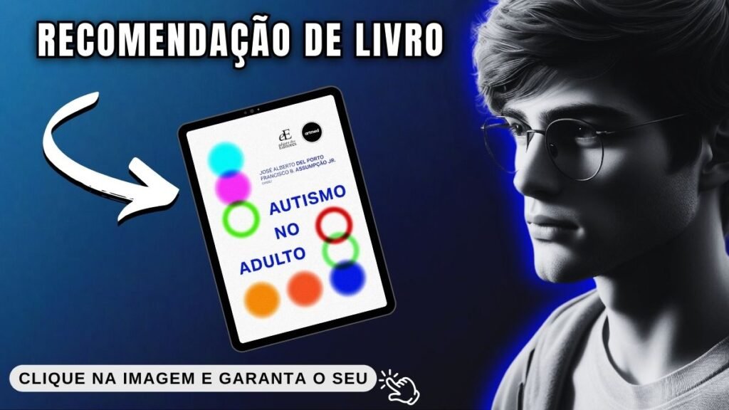 imagem fundo preto com degradê azul royal à esquerda capa do livro autismo no adulto à direita imagem de jovel rapaz branco usando óculos em preto e branco
