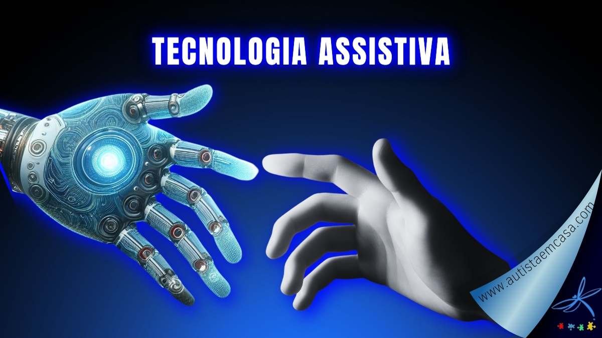 Uma mão humana e em preto e branco e uma mão de inteligência artificial em tons de azul neon se encontrando Ilustrando a Tecnologia Assistiva