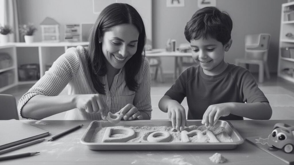 imagem em preto branco de uma mãe e seu filho sentados a uma mesa estudando juntos. Na mesa, há cards com letras do alfabeto e imagens que começam com essas letras, como 'A' e uma maçã. O ambiente é bem iluminado e colorido, com uma decoração que favorece o aprendizado, incluindo prateleiras com livros infantis e brinquedos educativos. Alfabetização de Crianças Autistas: Dicas Práticas de Mãe pra Mãe