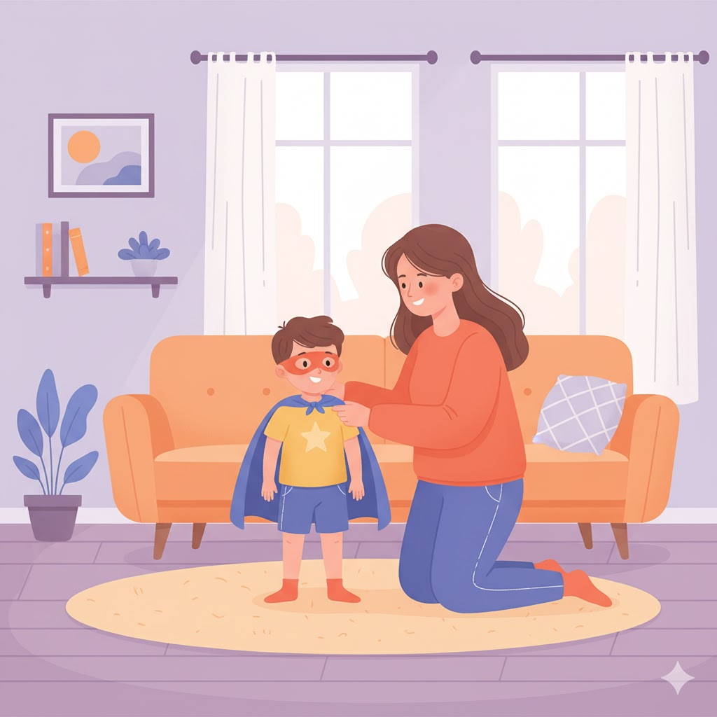 mão de joelhos no chão ajeitando a fantasia de super hrói no filho