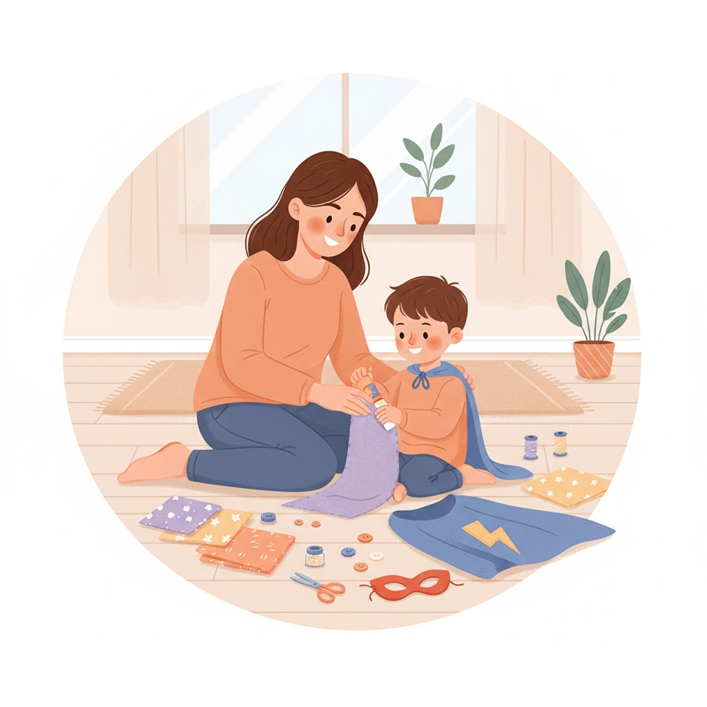 mãe sentado no chão junto com seu filho confeccionando fantasias de halloween